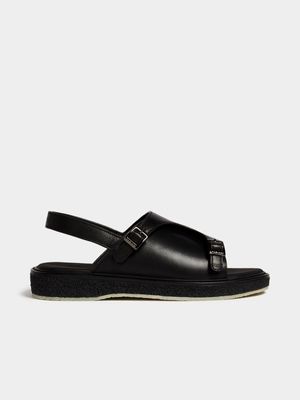 Fabiani Men's Black Leather Double Buckle Crepe Sole Sandal