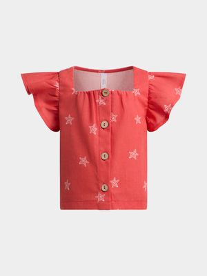 Older Girl's Orange Starfish Button Top