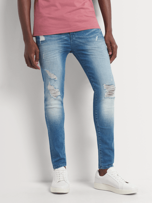 Men's Relay Jeans Super Skinny Rip and Repair Light Wash Blue Denim