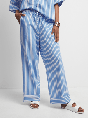 Women's Blue Striped Poplin Pants