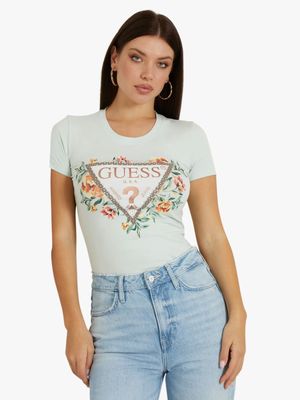 Women's Guess Teal Triangle Flowers T-Shirt