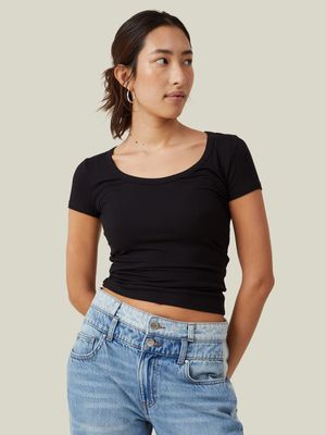 Women's Cotton On Black Staple Rib Scoop Neck Short Sleeve Top