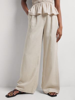 Wide Leg Linen Blend Pleated Pants