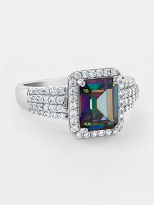 Sterling Silver Mystic Topaz Cubic Zirconia Emerald-Cut Halo Ring