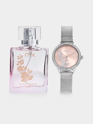 MX Silver Plated Mesh Watch & MX For Her Fragrance Set