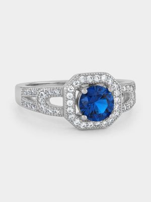 Sterling Silver Blue Cubic Zirconia Vintage-Style Ring