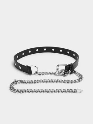 Silver Chain & Black Faux Leather Belt