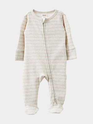 Cotton On Baby Beige & Pink Organic Pointelle Zip Romper