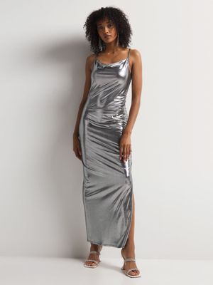 Y&G Liquid Foil Strappy Cowl Neck Maxi Dress