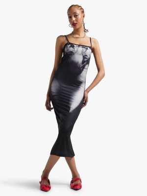 Women's Black & Grey Seamless Cami Print Dress