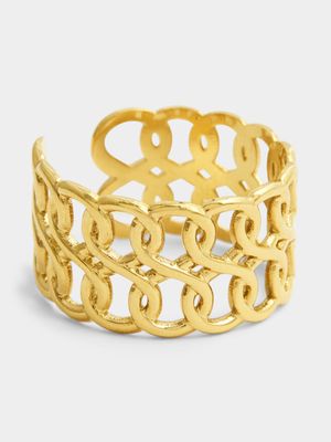 Stainless Steel Gold Tone Adjustable Double Chain Link Ring