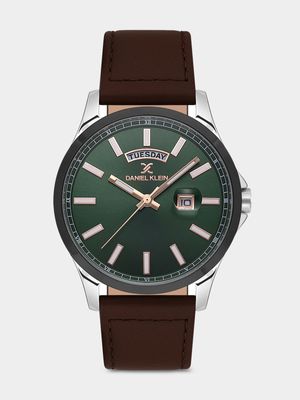 Daniel Klein Silver & Black Plated Green Dial Brown Leather Watch