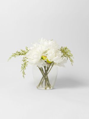 Faux Peonies In Glass Pot