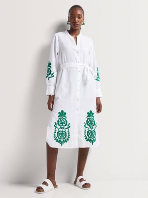 Embroidered Midi Shirt Dress