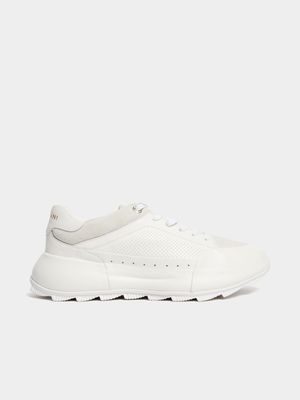 Fabiani Men's White Leather Ridged Sole Runner Sneaker