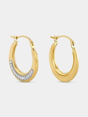 Yellow Gold & Sterling Silver  Crystal Round Creole Hoop Earrings