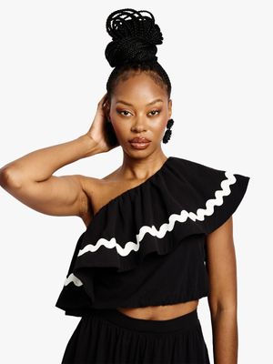 Women's Me&B Black Asymmetrical Frill Top