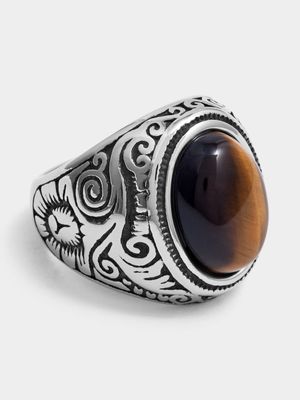 Gents Stainless Steel Antique Oval Tigers Eye Signet Ring