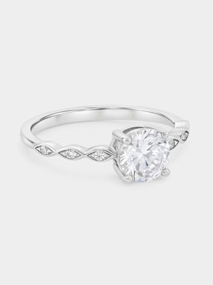 Sterling Silver Cubic Zirconia Oval Solitaire Pavé Ring