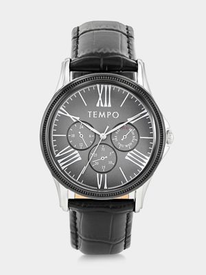 Tempo Silver & Black Plated Black Dial Black Leather Watch