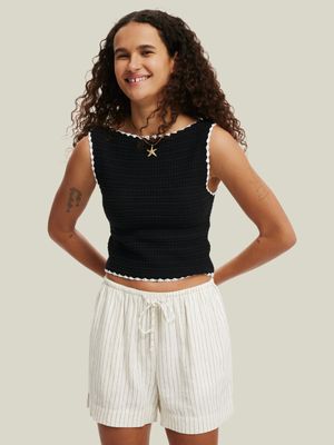 Women's Cotton On Black Crochet Boatneck Low Back Tank Top