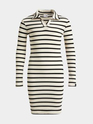 Girls Stripe Rib Collar Longsleeve Dress