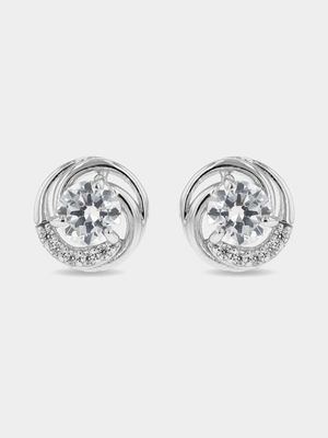 Sterling Silver Cubic Zirconia Women's Curved Solitaire Stud Earrings