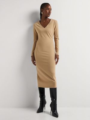 Bodycon V-neck Long Sleeve Midi Dress