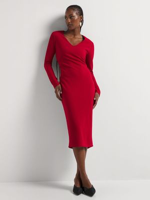 Bodycon V-neck Long Sleeve Midi Dress