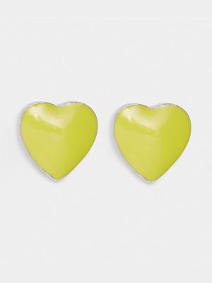 Rhodium Plated Brass & Yellow Enamel Heart Stud Earrings