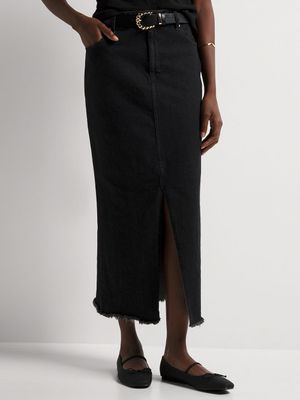 News Denim Front Slit Midi Skirt