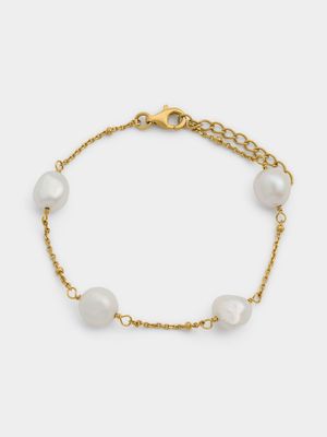 Gold Plated Sterling Silver Baroque Freshwater Pearl Station Women’s Bracelet