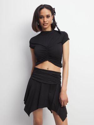 Women's Black Assymetric Mini Skirt With Wide Bask