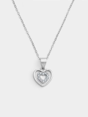 Miss Swiss Sterling Silver Cubic Zirconia Double Heart Pendant Necklace