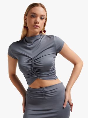 Women's Grey Co-Ord Top With Front Ruch