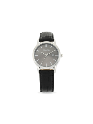 Tempo Men's Silver Toned Black Leather Watch With Date Function