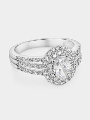 Sterling Silver Cubic Zirconia Oval Double Halo Ring