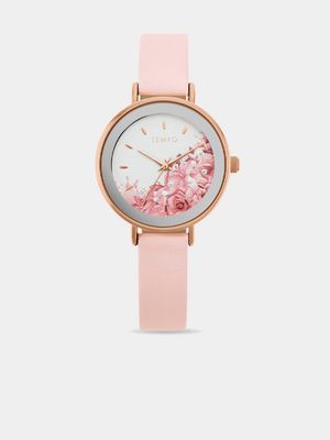 Tempo Ladies Rose Toned Pink Leather Watch With Floral Detail