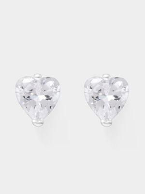 7mm Silver Tone CZ Heart Studs