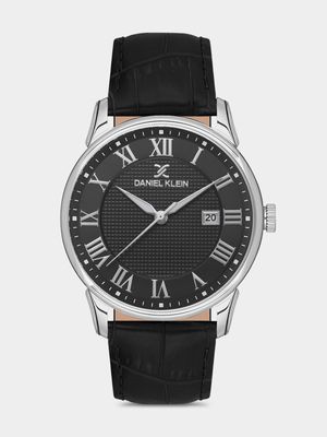 Daniel Klein Silver Plated Black Dial Black Leather Watch