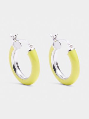 Rhodium Plated & Neon Yellow Enamel Brass Hoop Earrings