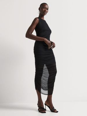 Y&G Ruched Mesh Midi Dress