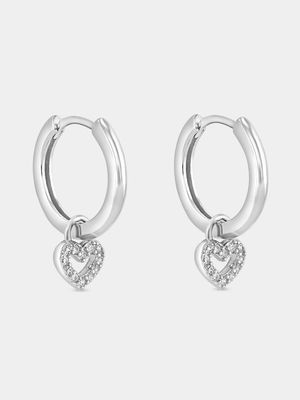 Sterling Silver Cubic Zirconia Heart Dangle Hoop Earrings