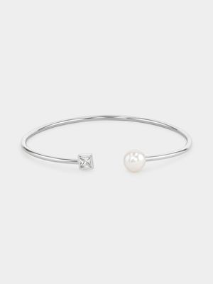 Sterling Silver Freshwater Pearl & Cubic Zirconia Open Bangle