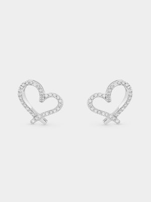 Sterling Silver Cubic Zirconia Curved Heart Stud Earrings