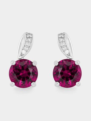 Sterling Silver Ruby Red Cubic Zirconia Solitaire Loop Stud Earrings