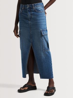 News Denim Front Slit Midi Cargo Skirt