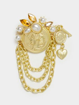 Brushed Gold Roman Coin with Pearl & Chain Detail