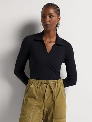 Y&G Rib Johnny Collar Long Sleeve Top