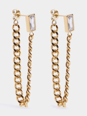 Stainless Steel 18ct Gold Plated Waterproof clear emerald cut stud with chain